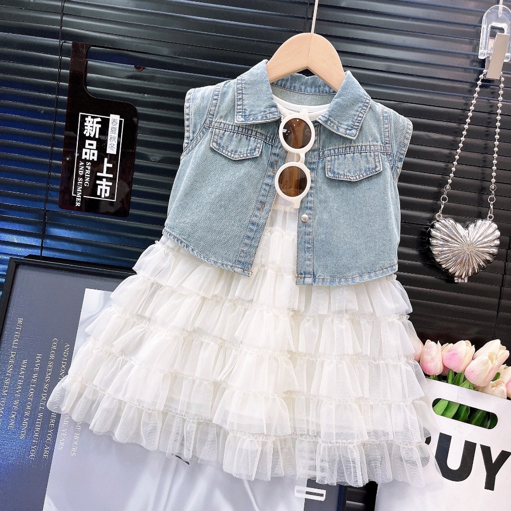 B455 ชุดเดรสเด็กผู้หญิง + เสื้อคลุมยีนส์แขนกุด