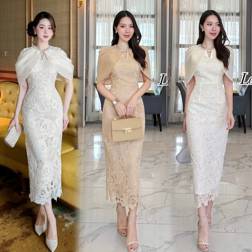 S-XXL ชุดเดรสคลุมไหล่โทนสีครีม/น้ำตาล/ขาว แต่งเพชร ใส่ออกงาน ทำบุญ งานแต่ง งานบวช  #Loveshop