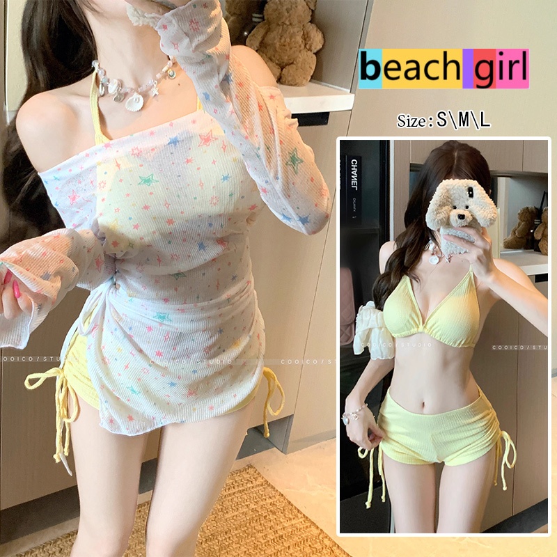 🌈beachgirl🌈yellow bikinis set ชุดว่ายน้ํา 3 ชิ้น ชุดไปทะเลผู้หญิง ผูกคอ แฟชั่นสไตล์ใหม่ เสื้อกันแดด มีฟองน้ำ