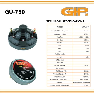 GIP GU-750 ยูนิตฮอร์น 500W 8Ohm แม่เหล็ก 145 mm. ลำโพงฮอร์น ยูนิต กระจายเสียง ประกาศ GU750