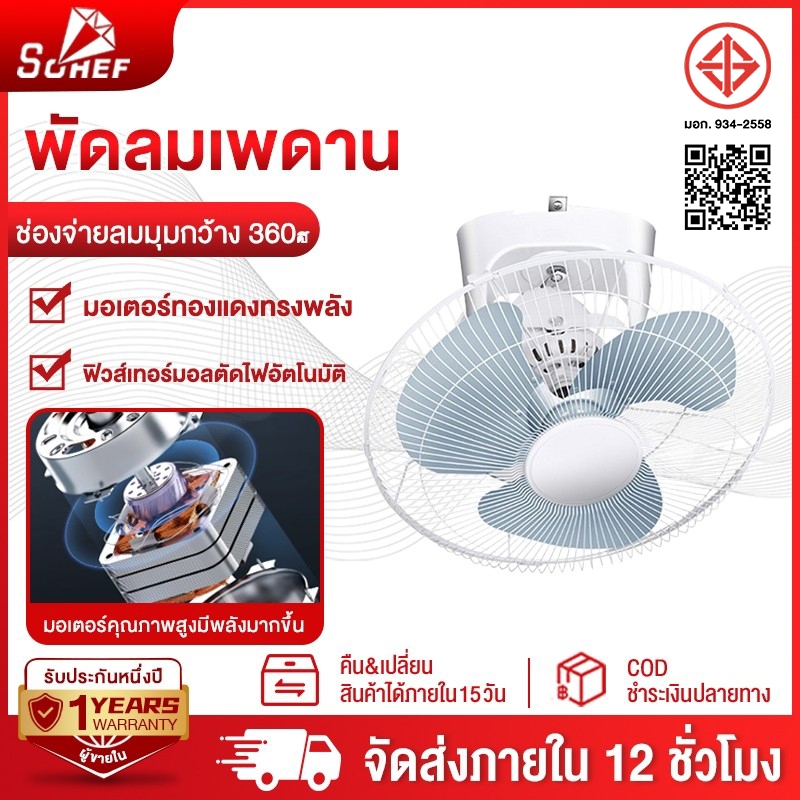 พัดลมเพดาน 16 นิ้ว พัดลมโคจร Ceiling Fan สั่นหัว ติดเพดาน มีตะแกรง พัดลม เสริมความปลอดภัยด้วยระบบตัดไฟอัตโนมัติ เทอร์มอล