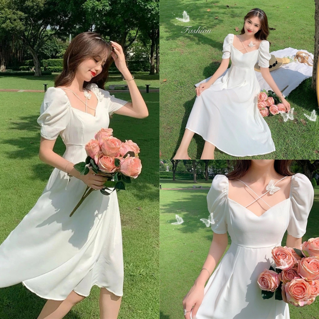 ชุดเดรสสไตล์ฝรั่งเศส แขนสั้น ลายผีเสื้อ กระโปรงยาวสีขาว เรียบง่ายและสง่างาม