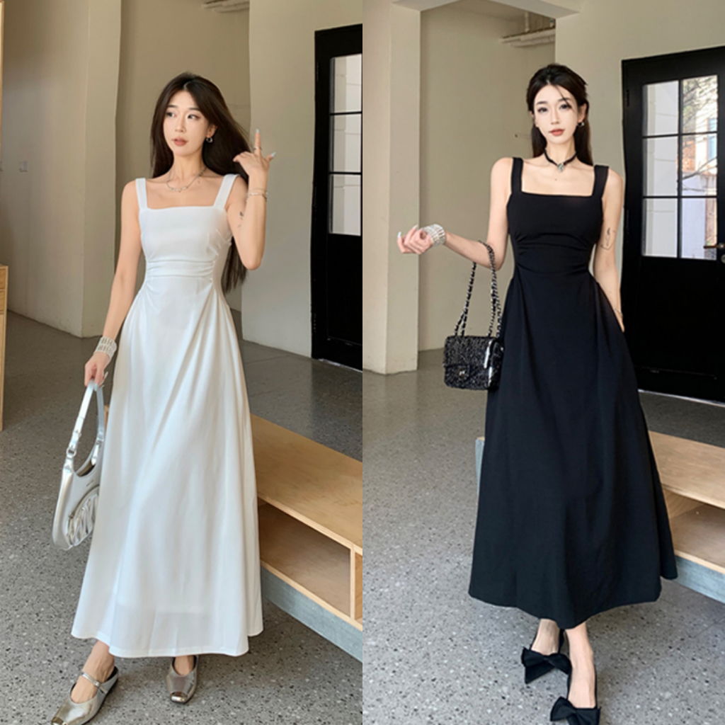 เดรสสายเดี่ยว เดรสทรงเอไฮเอนด์สไตล์ฝรั่งเศส เดรสยาว เปิดไหล่ คอเหลี่ยม เอวเข้ารูป สีดำและสีขาว