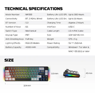 FANTECH คีย์บอร์ดไร้สาย คีย์บอร์ดเกมมิ่งไร้สาย เชื่อมต่อได้ 3 โหมด Mechanical Keyboard รุ่น MK919