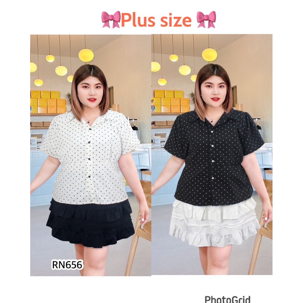 RN656เสื้อเชิ๊ตสาวอวบpolka dot ปกบัมีสายมัดเอว อก48“
