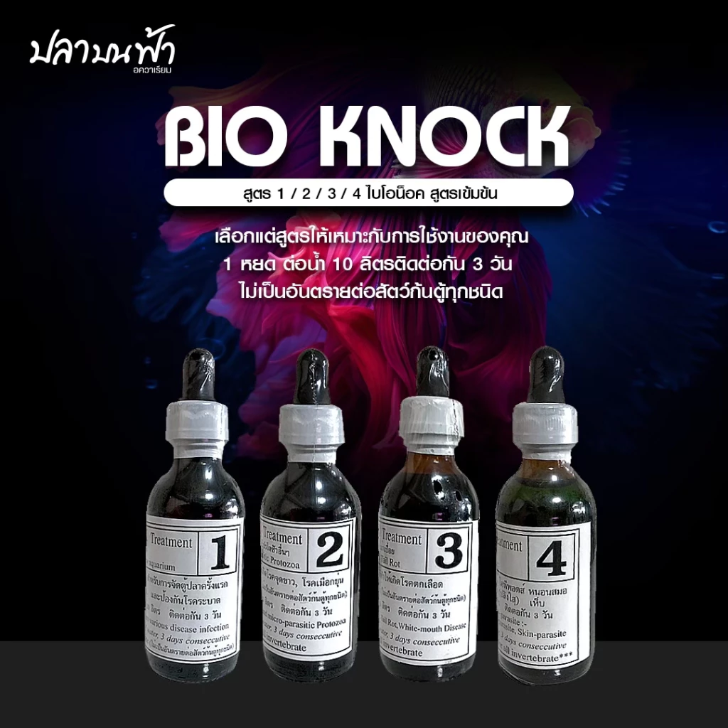 ใบโอน็อค BIO-KNOCK ผลิตภัณฑ์ดูแลปลา มี 4 สูตร สำหรับปลาสวยงาม ใช้ได้กับปลาน้ำจืด และปลาทะเล