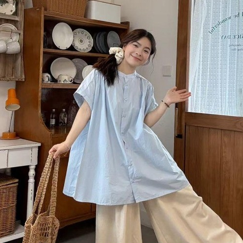 shayne-เสื้อสุภาพสตรี แขนสั้น สีทึบ คอกลม ประเภทรุ่นหลวม สดชื่น วินเทจ วรรณกรรมและศิลปะ แฟชั่นสบาย ๆ