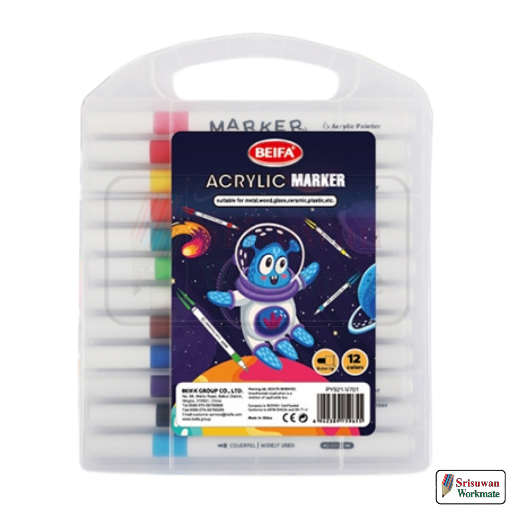 BEIFA PY921-V701 ชุดอะคริลิคมาร์คเกอร์ 12 สี Acrylic Marker Set อะคริลิคมาร์คเกอร์ หัวกลม beifa by s