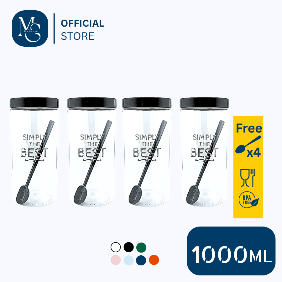 Mshouse ขวดโหล ขวดโหลพลาสติก 2/4 ชิ้น ความจุ 1,000 มล. +ช้อน BPA free กระปุกพลาสติก Airtight Canist