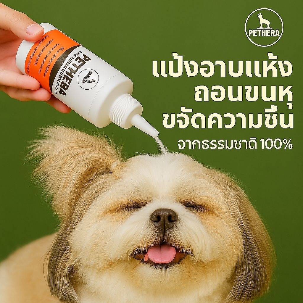 **แป้งโรยตัวอาบแห้งถอนขนหูสุนัข** ใช้โรยให้ทั่วผิวและเส้นขน ป้องกันเชื้อรา ขจัดกลิ่นและคราบไขมันได้ดีเยี่ยม