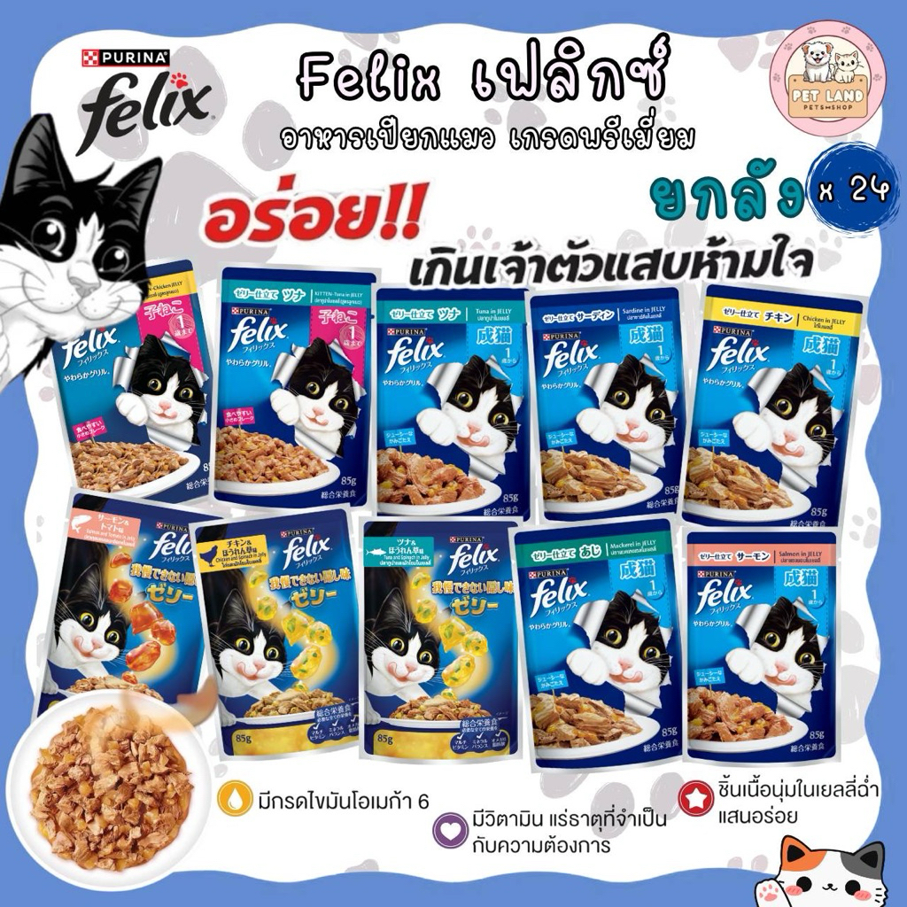 [ยกลัง 24 ซอง] Felix อาหารเปียกแมว เฟลิกซ์ 70-85 กรัม (เนื้อนุ่มในเยลลี่)