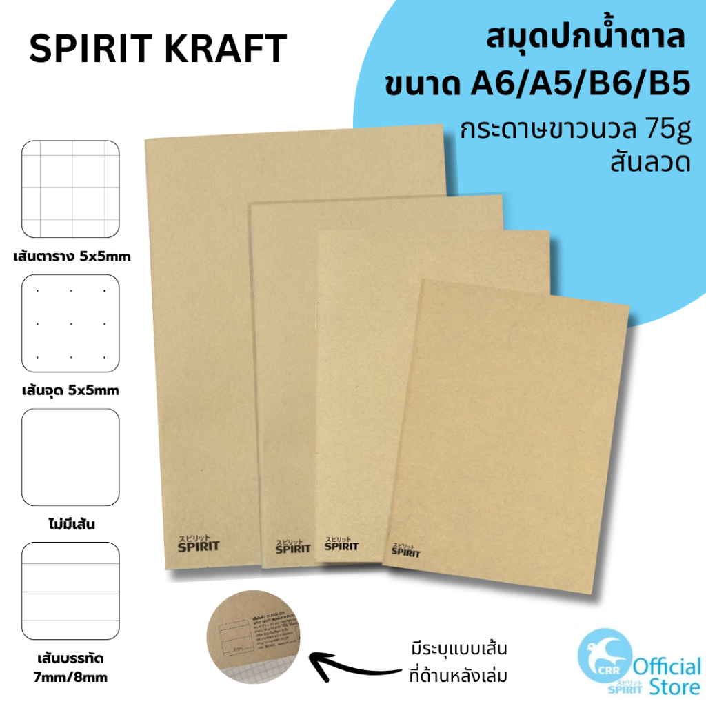 SPIRIT KRAFT สมุดปกน้ำตาล A6 A5 B6 B5 สมุดโน๊ต กระดาษถนอมสายตา 75g