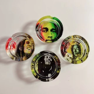 ที่เขี่ยบุหรี่ ที่ทิ้งก้นบุหรี่ แก้วใส ทรงกลม อย่างหนาที่เขี่ยบุหรี่แก้วกลม BOB MARLEY ลวดลาย 66mm