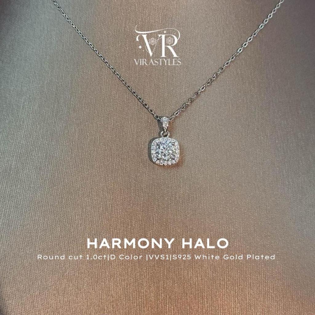 VRS.สร้อยคอเงิน92.5ชุบทองคำขาว พร้อมจี้เม็ดเดี่ยวดีไซน์ล้อมเพชรน้ำหนัก1.0 กะรัต รุ่น Harmony Halo