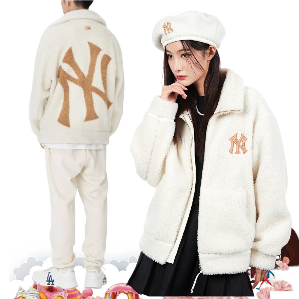 เสื้อคลุมกันหนาวขนสีขาวครีมโอเวอร์ไซส์ NY MLB Size M Big Logo Fleece Jacketใส่ได้ทั้งชายและหญิงงานแท