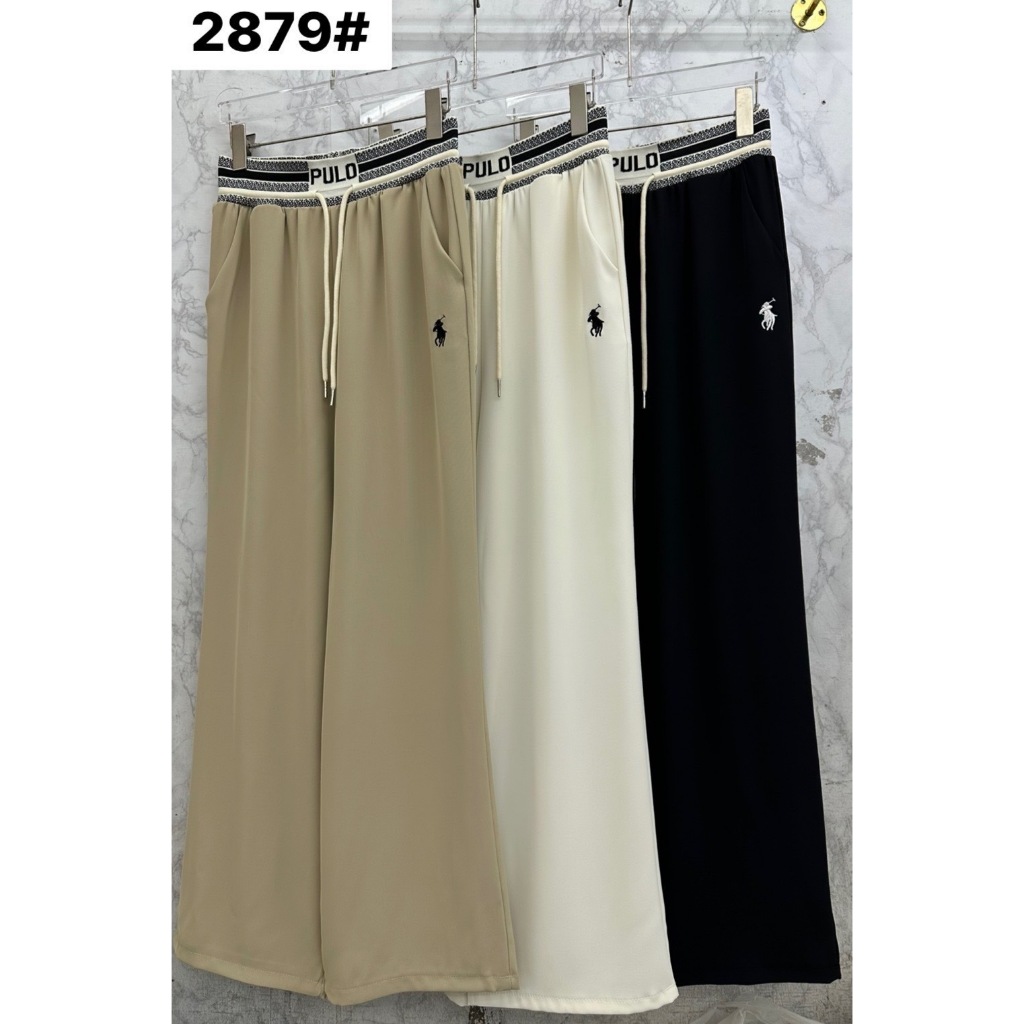 กางเกงขายาวผ้าไหมเทียมทรงกระบอก ปักตัวหนังสือด้านข้าง  เอวสปอร์ต #2879