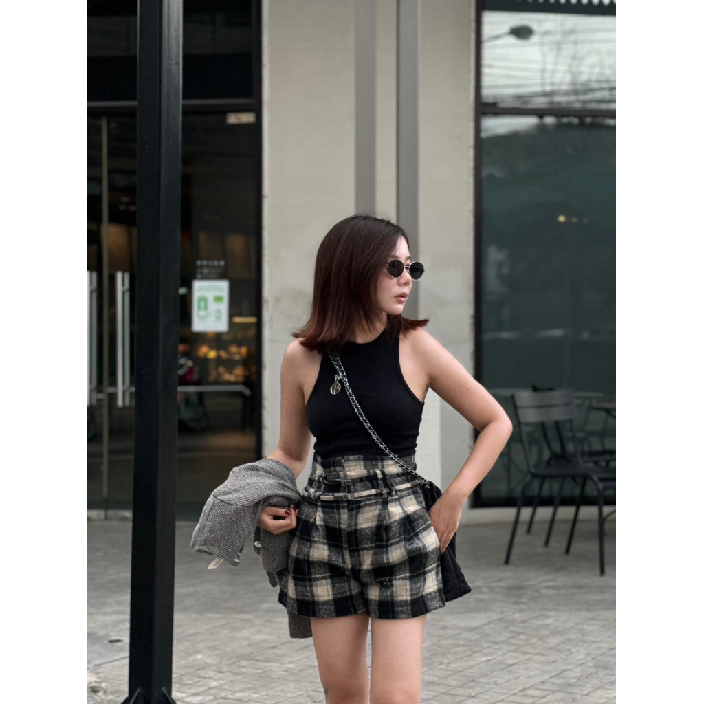 New item 🔥 Tulla.more - shumai (ขนมจีบ) กางเกงขาสั้นลายสก็อต เอวสูง เข็มขัดคู่ 2 เส้น