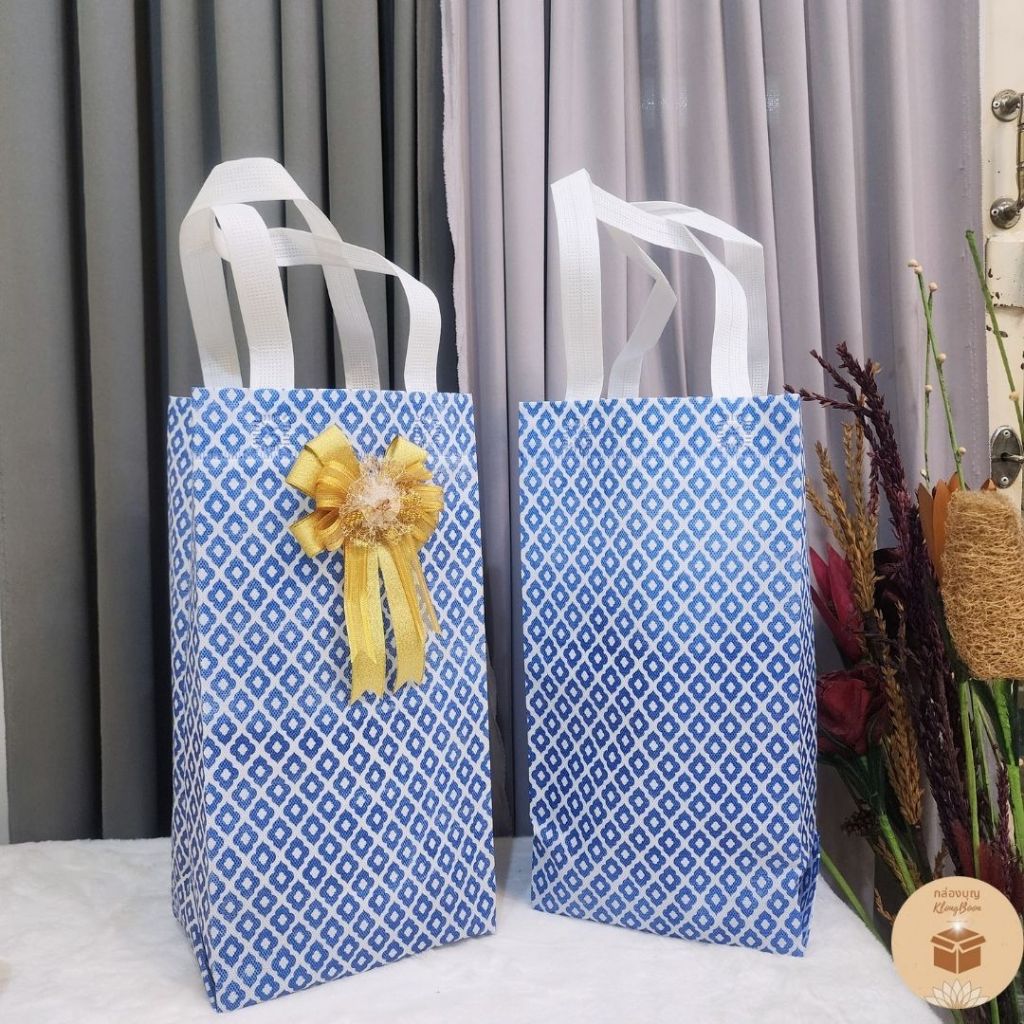 (1ใบ) เฉพาะถุงสปันบอนด์ลายคราม สำหรับใส่ปิ่นโตอาหารถวายพระ