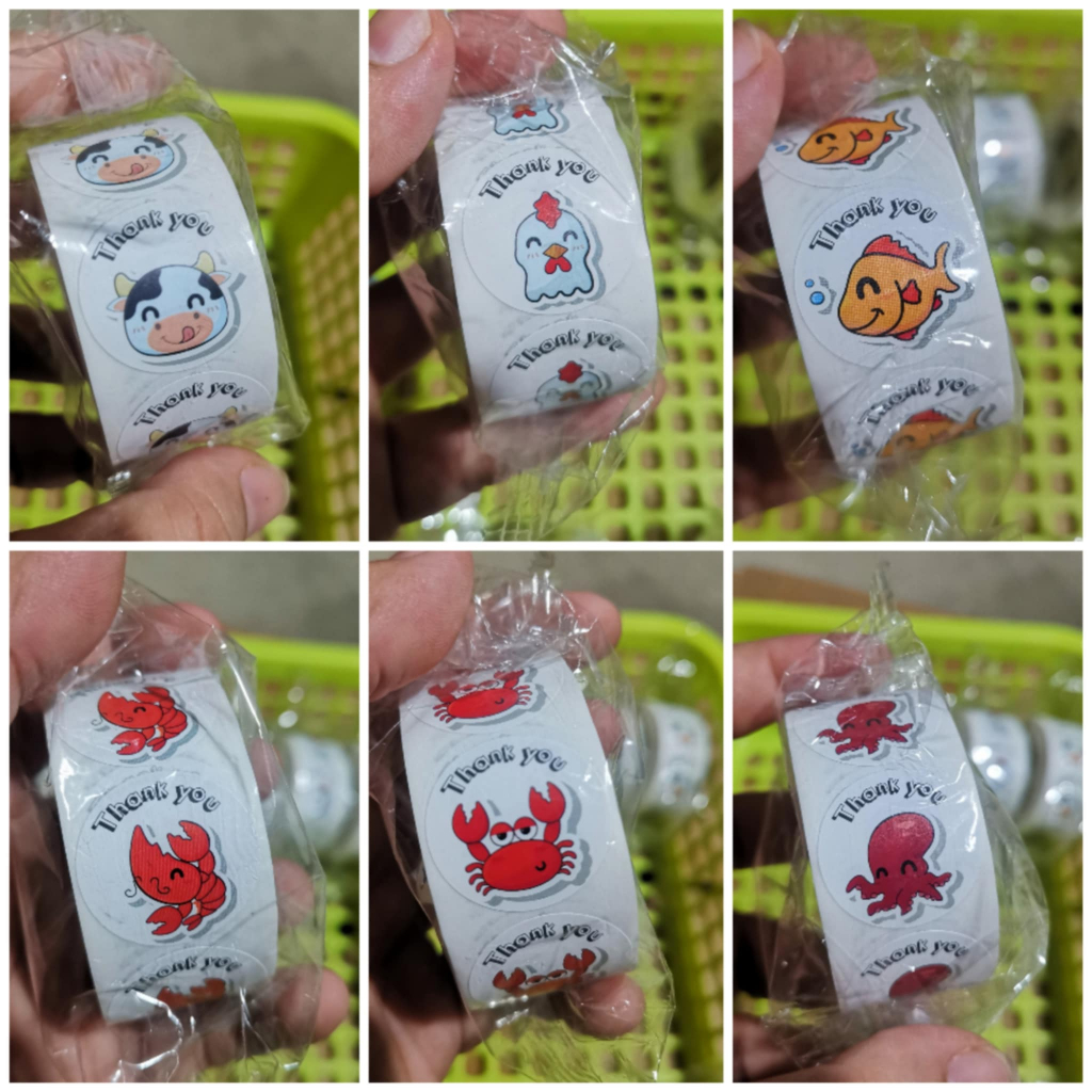 สติกเกอร์ THANK YOU ติดอาหาร ลายเดียวทั้งม้วน  ไก่,ปลา,ปู,กุ้ง,ปลาหมึก,วัว ขนาด 2.5 ซ.ม ( 500ดวง/ม้วน )