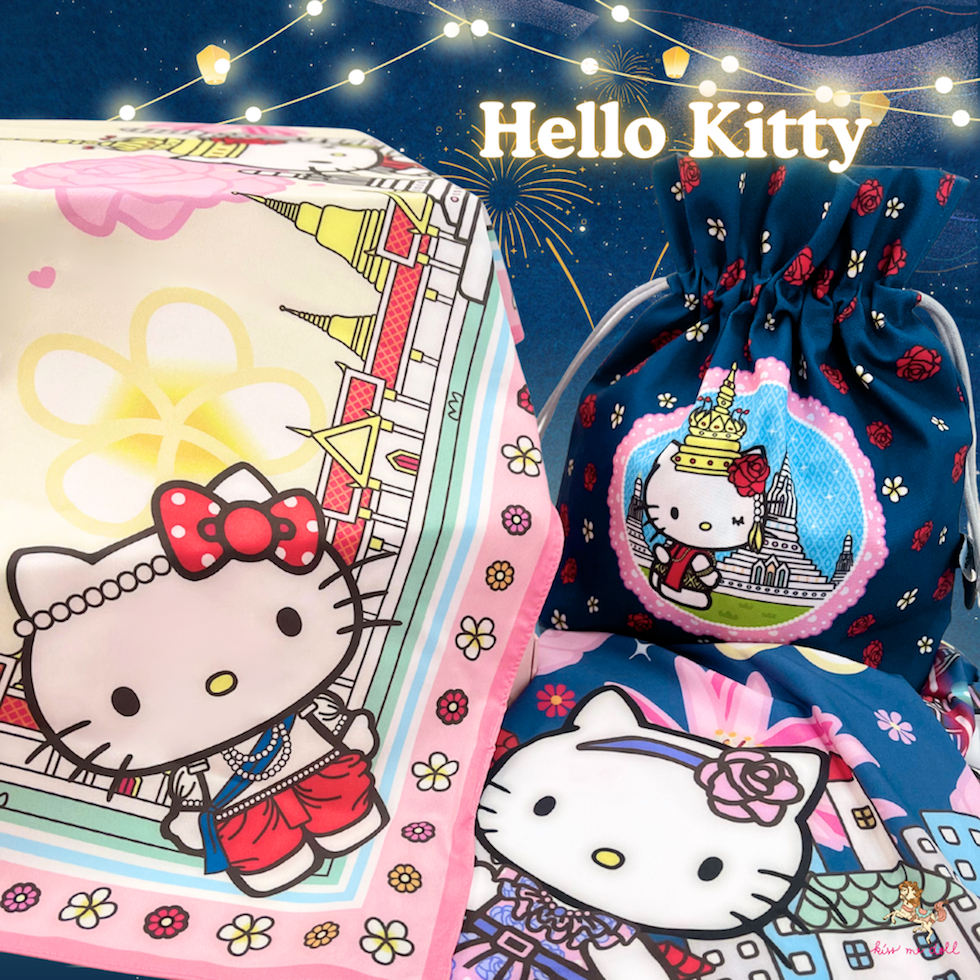 Kiss Me Doll  ผ้าพันคอ/ผ้าคลุมไหล่ ลาย Kitty Thaifes คอลเลคชั่นพิเศษที่มีเฉพาะในประเทศไทย🇹🇭 ขนาด100x100