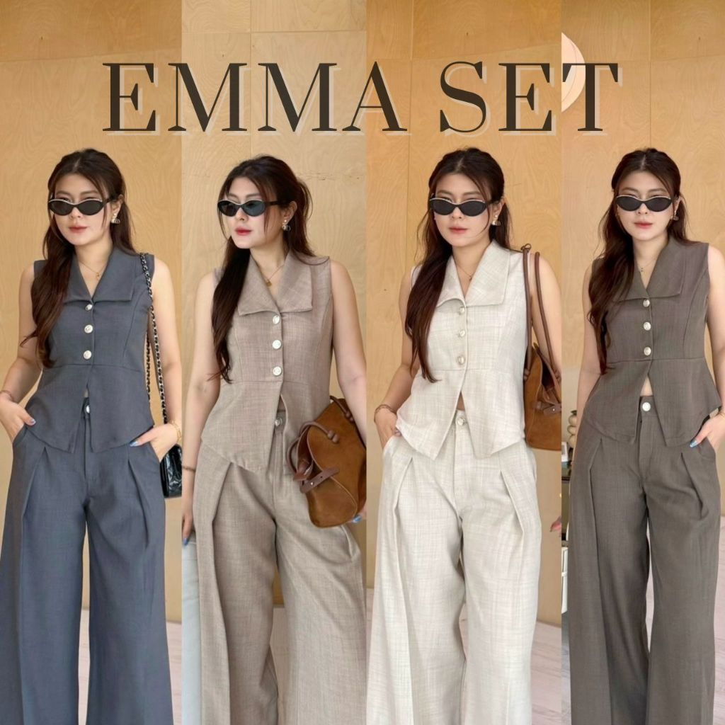 Emma Set:ชุดเซ็ทขายาว 2 ชิ้น ชุดเซ็ทขายาวเสื้อแขนกุดกระดุมหน้า กางเกงกระบอกเกาหลี คาเฟ่ BETTY (B018)