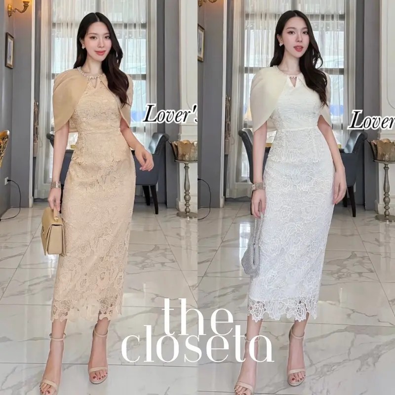 THE CLOSETA : (พร้อมส่ง) LV256 ชุดเดรสลูกไม้ทรงสอบ แขนคลุมไหล่สวยหรูใส่ออกงาน