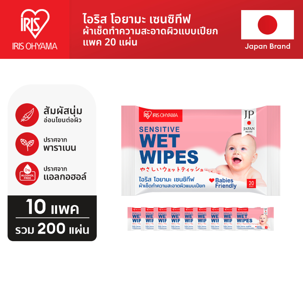 IRIS OHYAMA ไอริส โอยามะ Baby wipes ผ้าเช็ดทำความสะอาดผิว ทิชชู่เปียก สูตรไม่มีแอลกอฮอล์ อ่อนโยน ไม่