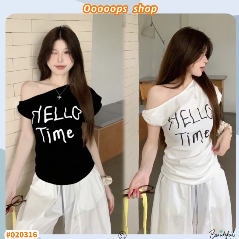 เสื้อยืด เสื้อปาดไหล่ผู้หญิง สไตล์เกาหลี สไตล์เเฟชั่น ปาดไหล่ มินิมอล #02316