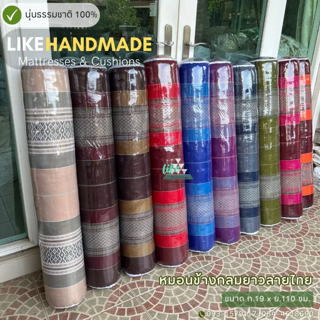 หมอนข้างกลมยาวลายไทย ก.19 x ย.110 ซม. นุ่นแท้ 100% ซีนพลาสติกทุกใบ