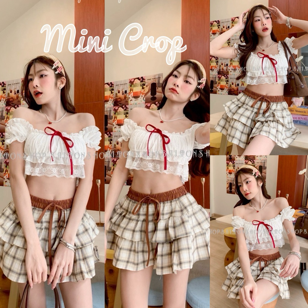 🌸OVP🌸 เสื้อครอปสั้นปาดไหล่ แขนตุ๊กตา ผ้าคอตตอนฉลุปักดอกไม้ แต่เชือกโบว์แดง เสื้อเอวลอย