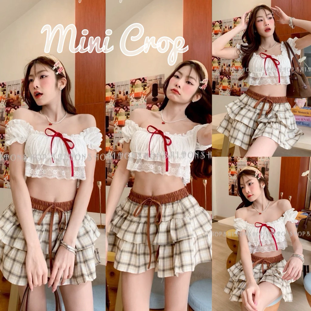 🌸OVP🌸 เสื้อครอปสั้นปาดไหล่ แขนตุ๊กตา ผ้าคอตตอนฉลุปักลายดอกไม้ แต่งเชือกโบว์แดง เสื้อเอวลอย 1-4