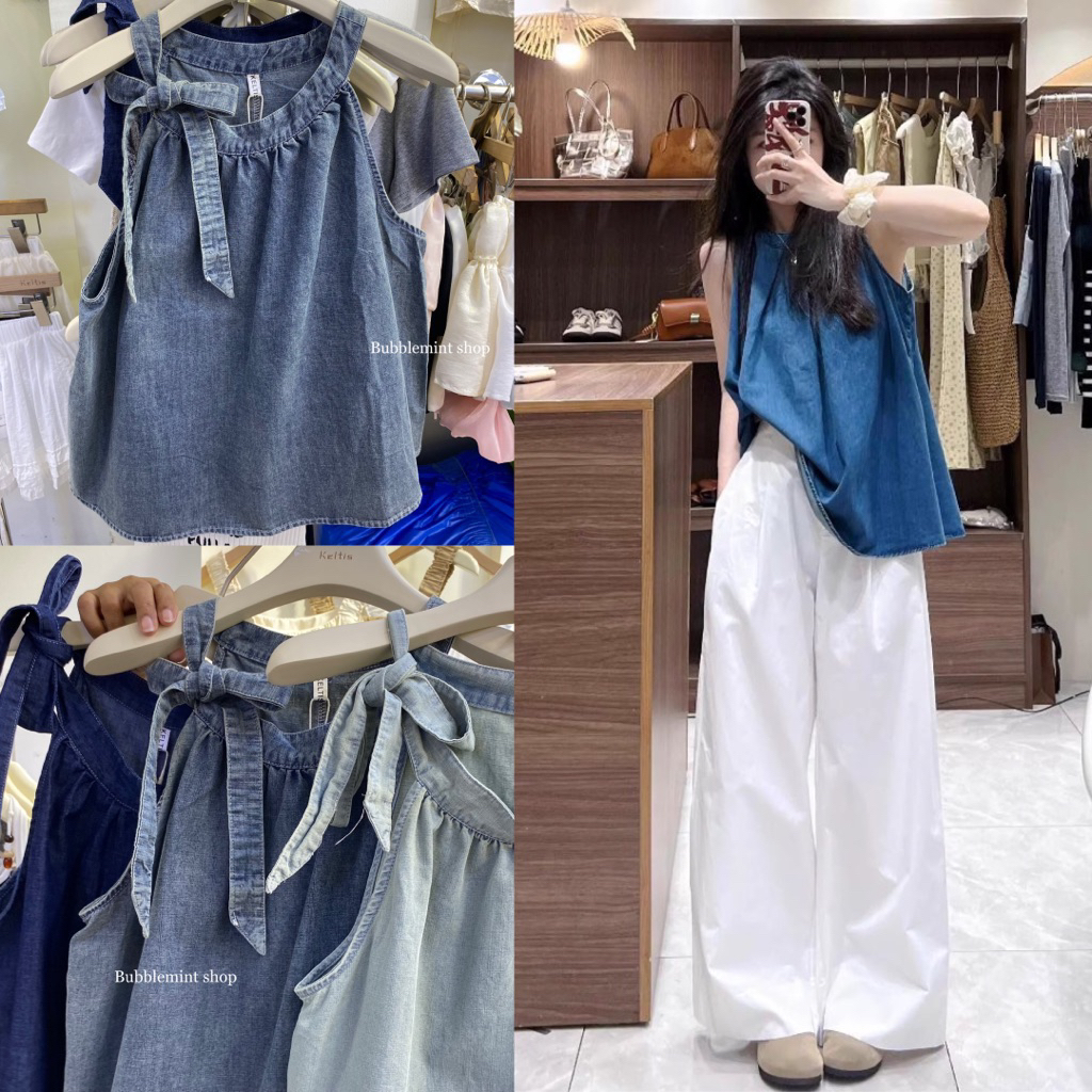 พร้อมส่ง 18863# เสื้อแขนกุดไหล่ล้ำ ผ้ายีนส์ ดีเทลโบว์ผูก ใส่สวยใส่สบาย
