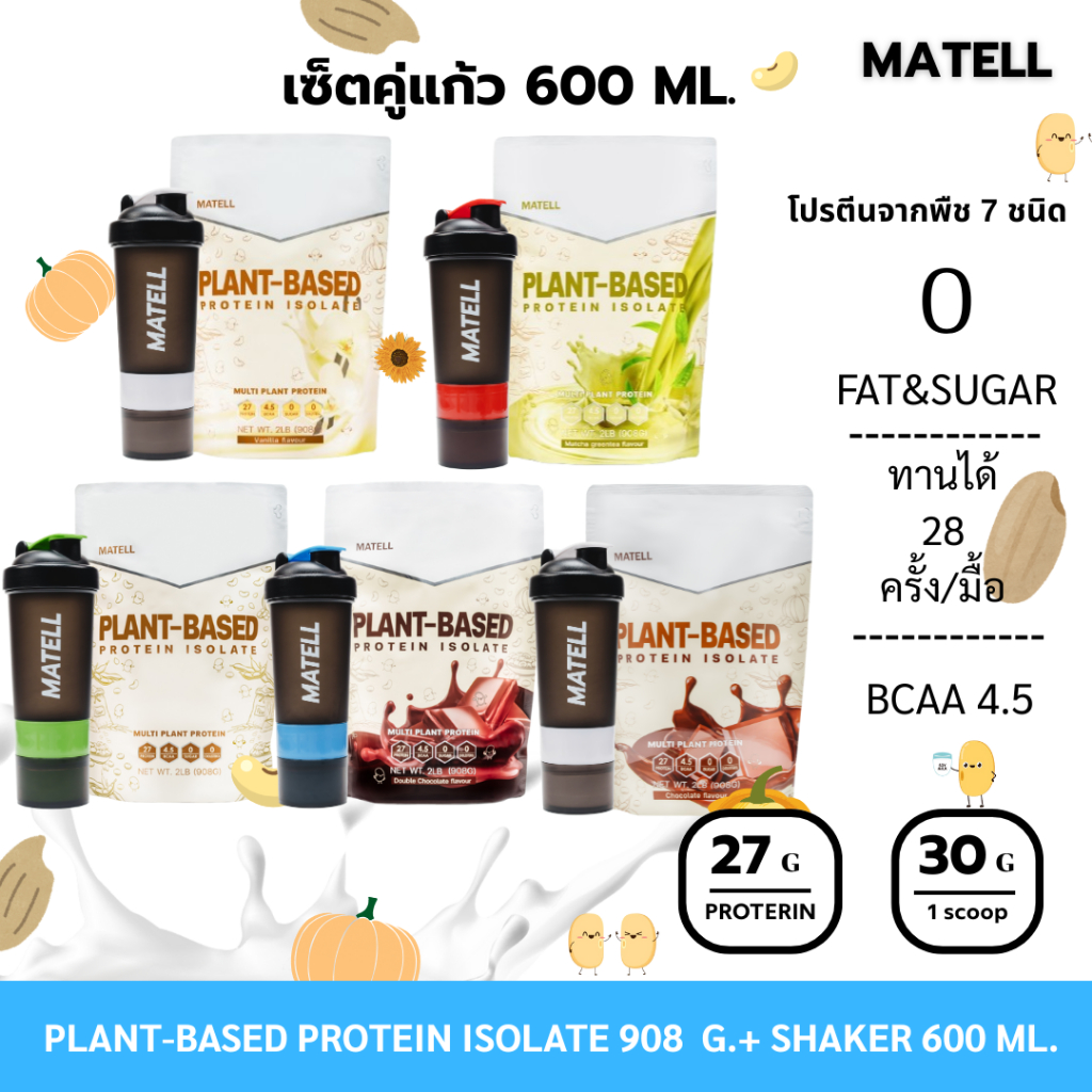 MATELL Plant-Based Protein Isolate แพลนต์เบสด์ ไอโซเลท โปรตีนพืช แก้วเชค สุ่มสี Shaker 600 ml.