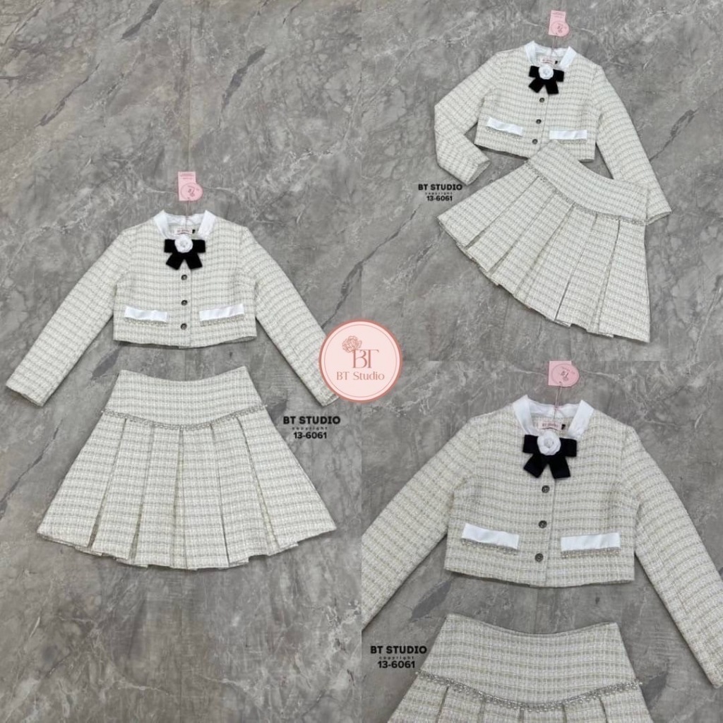 BT 13-6061 เซท 3 ชิ้น เสื้อเบเซอร์แขนยาว ปกตั้งตัดผ้ามัน แมทซ์กับกระโปรงสั้นจับจีบ ใส่เที่ยว คาเฟ่