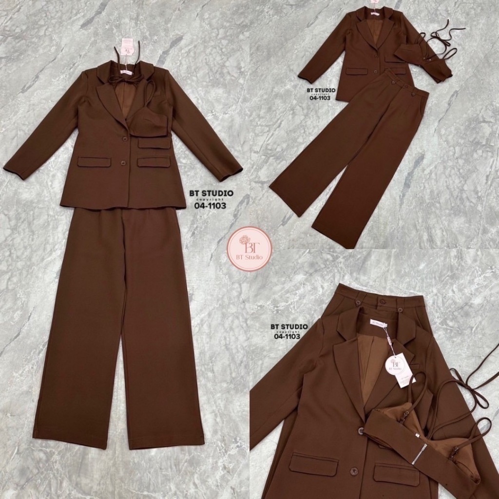 BT 04-1103  เซท 3 ชิ้น เสื้อเบเซอร์แขนยาวคอปก ครอปบราสายเดี่ยวแมทซ์กับกางเกงขายาว ใส่ทำงาน ออกงาน