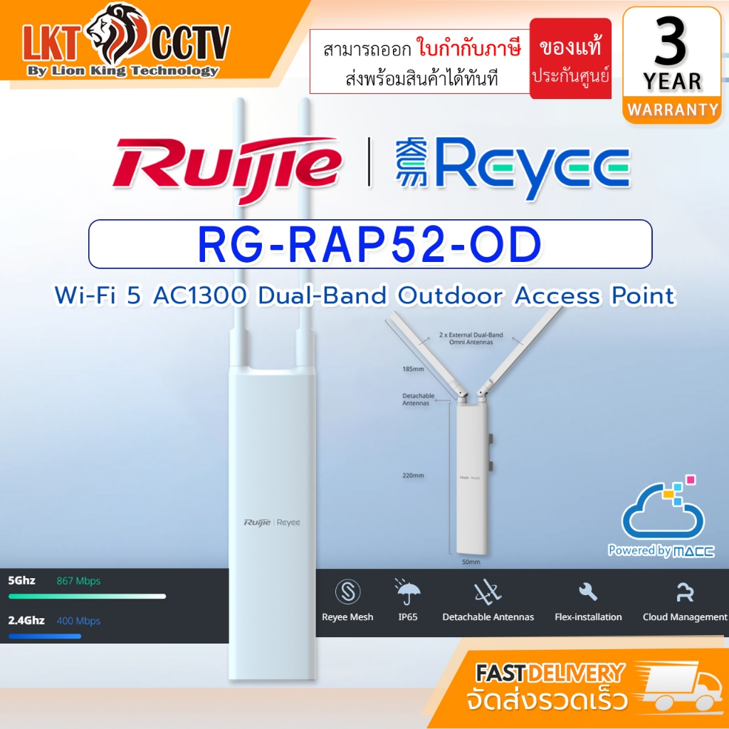 Ruijie Reyee รุ่น RG-RAP52-OD อุปกรณ์กระจายสัญญาณ ที่รองรับ Wi-Fi 5 มาตรฐาน AC1300 ของ Reyee