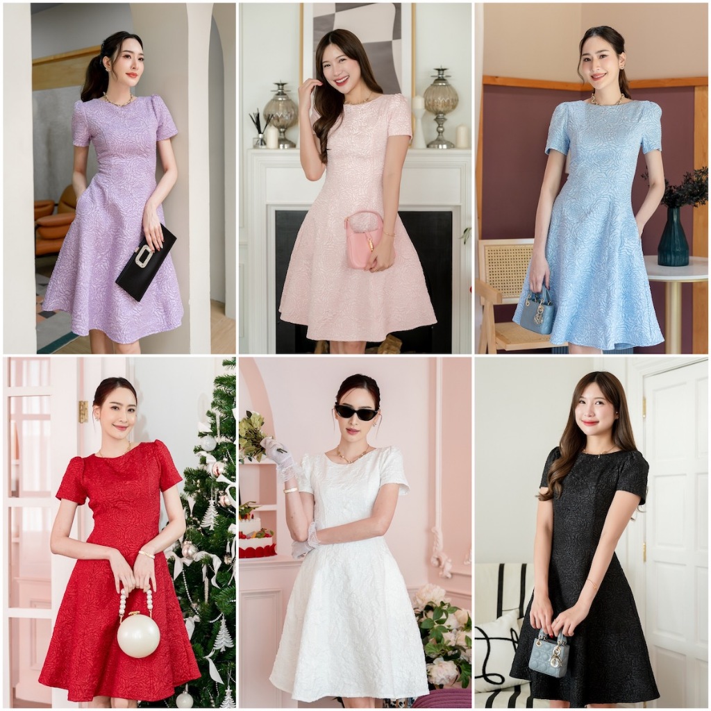PD283 Jacquard Dress เดรสผ้าแจ๊คการ์ด คอปาด แขนสั้น กระโปรงบาน มีกระเป๋ากระโปรง