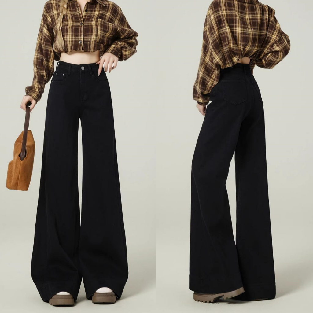 กางเกงยีนส์สีดำสำหรับผู้หญิง ทรงตรงเอวสูง สไตล์เกาหลี ใช้งานได้หลากหลาย มีกระเป๋า เก๋ๆ