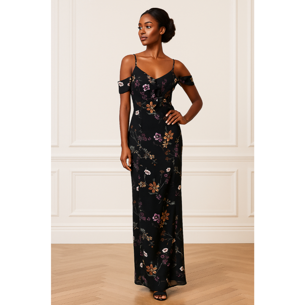 เดรสยาวสีดําลายดอกไม้ (Midnight Bloom Elegance Dress)@SP091