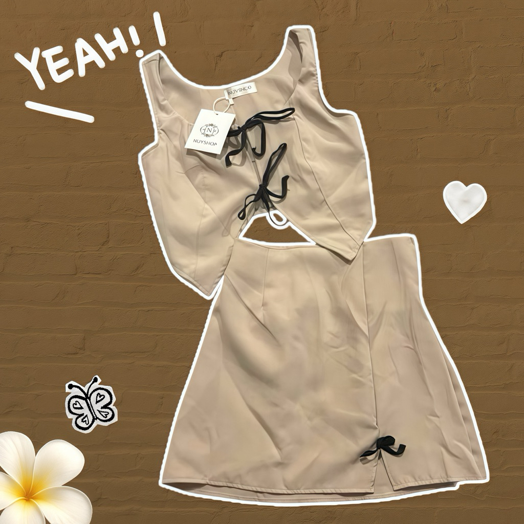 เซ็ตเวียดนาม สายเดี่ยวโบว์หน้า+กระโปรง (ป้ายNuyShop)