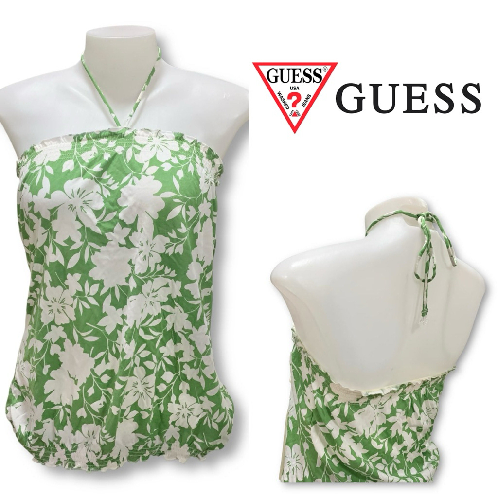 Guess ( GC420 ) เสื้อผูกคอ เสื้อคล้องคอ ผู้หญิง สีเขียว ลายดอกไม้ มีตำหนิ ของแท้ พร้อมส่ง