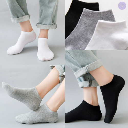 ถุงเท้าข้อสั้น ใส่สบาย ผลิตจากคอตตอน สีดำ/ขาว/เทา