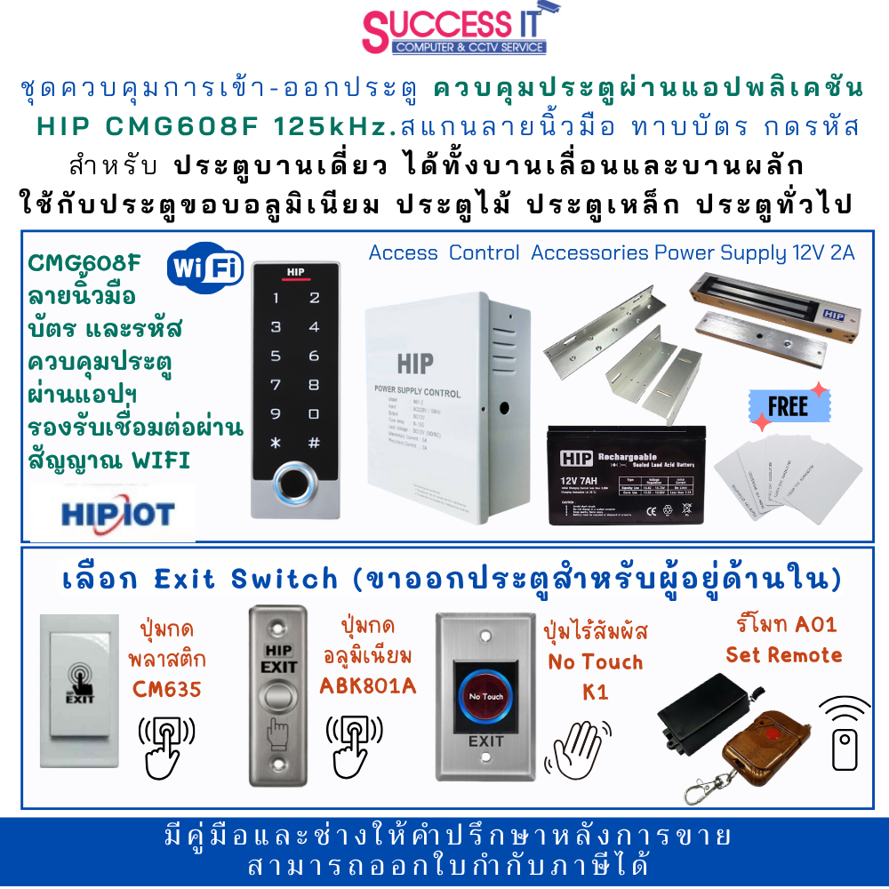 HIP CMG608F ชุดควบคุมประตู สแกนลายนิ้วมือ ทาบบัตร กดรหัส รองรับ WIFI กับแอปพลิเคชัน อุปกรณ์ครบชุด