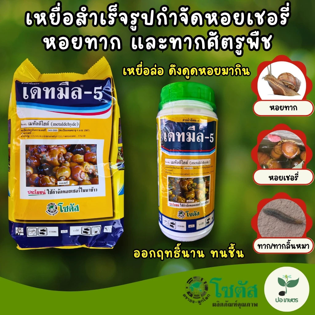 เดทมีล-5 (100กรัม/250กรัม/1กิโลกรัม) [เมทัลดีไฮด์] เหยื่อสำเร็จรูปกำจัดหอยเชอรี่ หอยทาก และทากศัตรูพืช