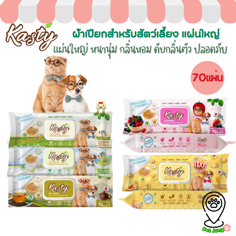 Kasty ผ้าเปียกแคสตี้ สำหรับสัตว์เลี้ยง หนานุ่ม แผ่นใหญ่ สกัดจากธรรมชาติ ปลอดภัย บรรจุ 70 แผ่น