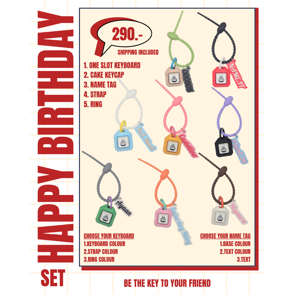 พวงกุญแจวันเกิด คีบอร์ดกดได้ เลือกสีได้ Happy Birthday Keyboard Keychain Set