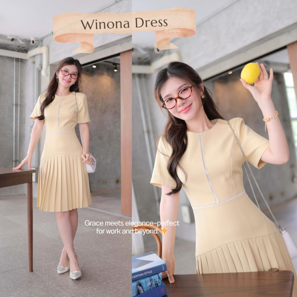 "Romi"Oil" Winona Dress (Yellow) K257 ชุดเดรสสีเหลือง (กระโปรงพลีท)