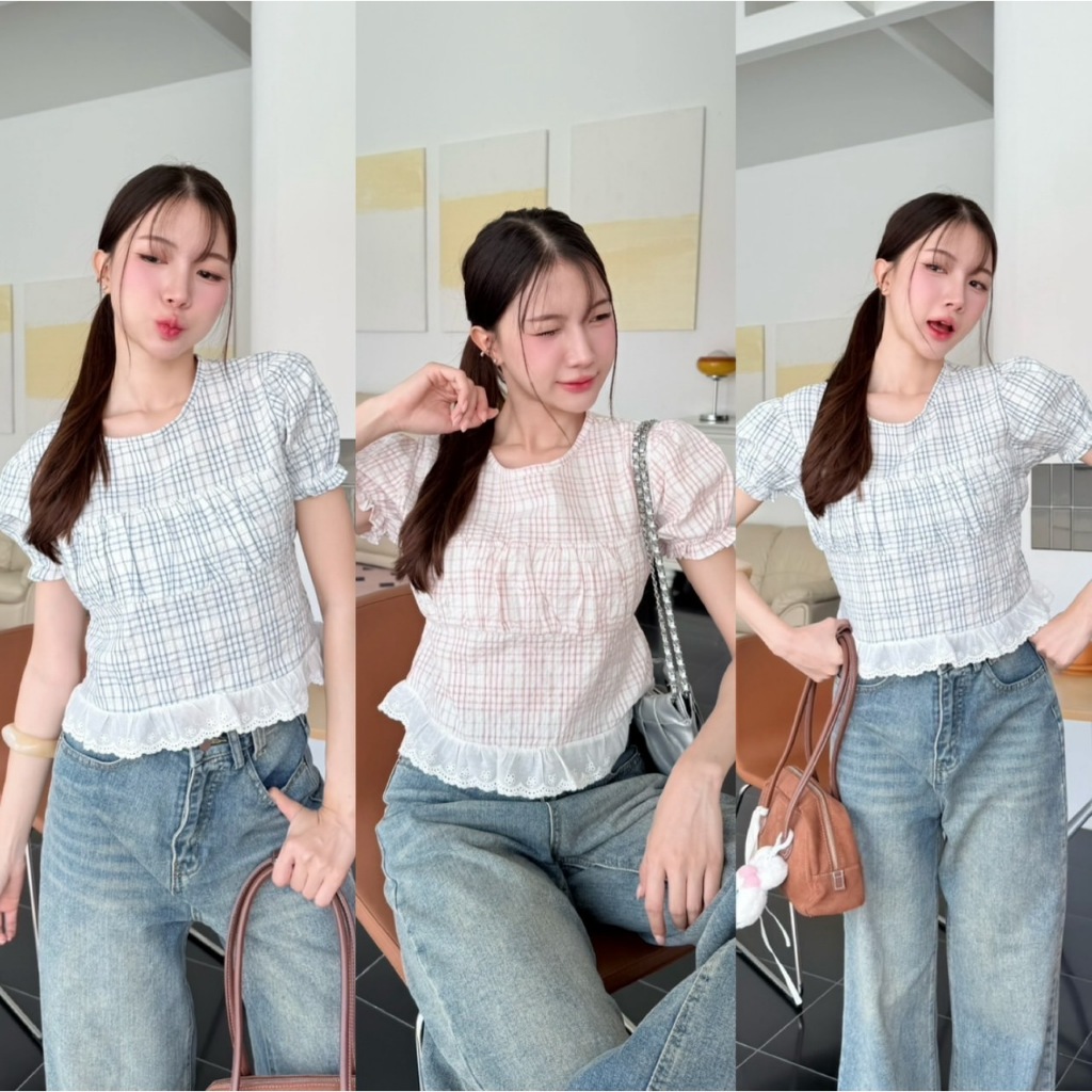 เสื้อครอปคอกลมแขนพอง เสื้อลายตารางแต่งจั๊มช่วงอกแต่งระบายชายล่าง คอกลมแขนพองน่ารักเกาหลี KHUN (K016)