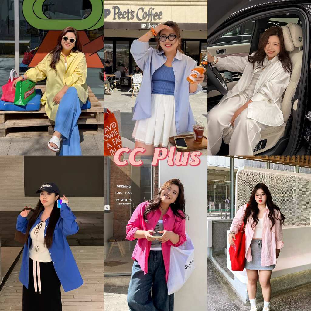 CiCi Plus+(3377) เสื้อเชิ้ตทรงโอเวอร์ไซส์แขนยาวสีพื้น แนวเกาหลีสไตล์สาวพลัสไซส์