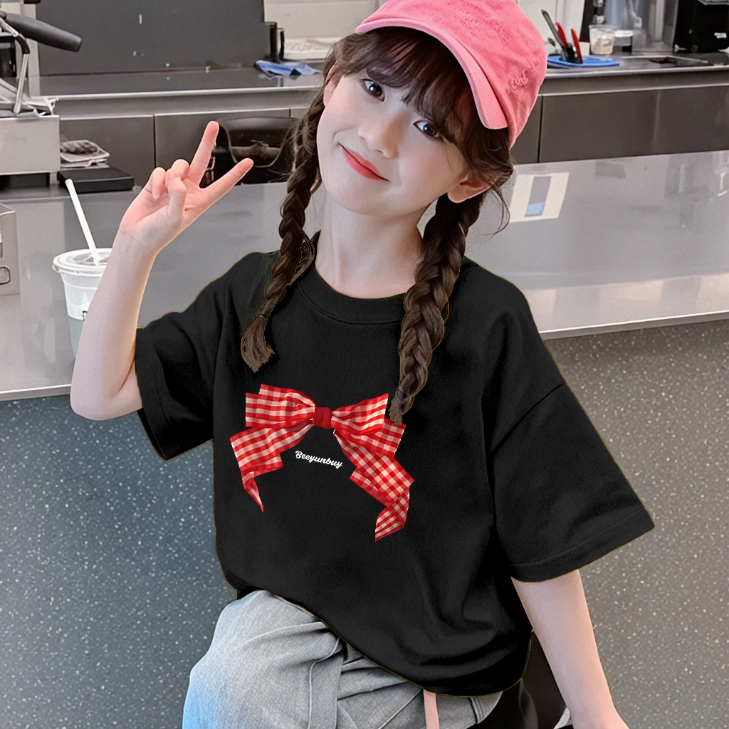 Yout-children เสื้อคอกลม ผ้าฝ้าย girl 'Red plaid bow' เสื้อเด็ก t shirt สไตล์เกาหลี โคตรนุ่ม ใส่สบาย oversize แขนสั้น